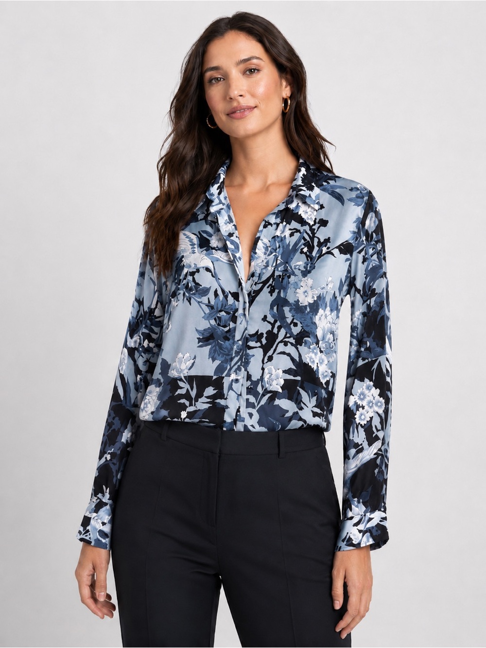 White House Black Market Floral Bird Print Button Down Blouse Size Large